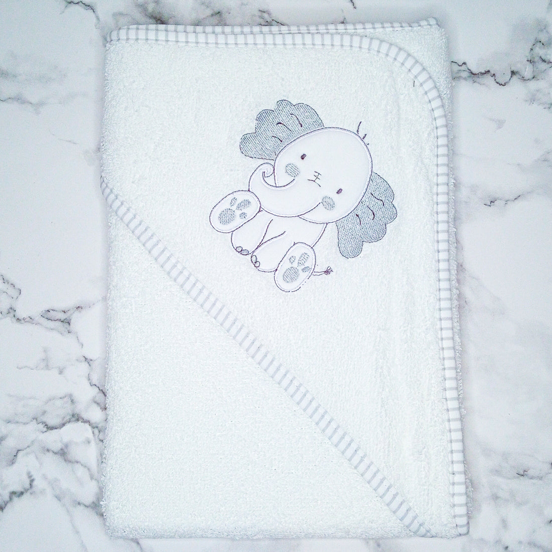 Unisex Baby Hooded Bath Towel with Silver Elephant Design