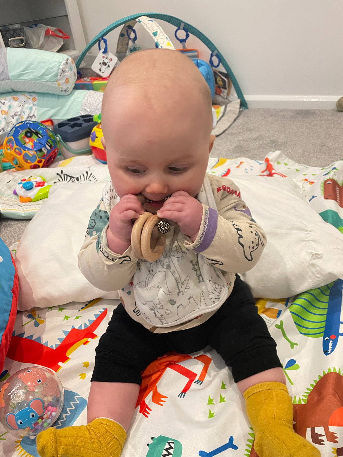 Baby using leopard print teether rattle 