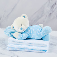 Blue polka dot baby bear toy with 2 cotton muslins. 