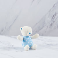 Blue & white polka dot teddy bear rattle.