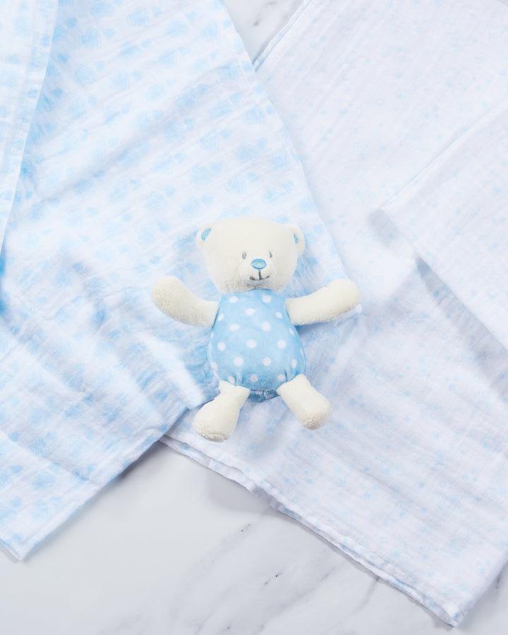 Baby Boy Gift Hamper Collection that includes adorable blue muslins and comforters. 