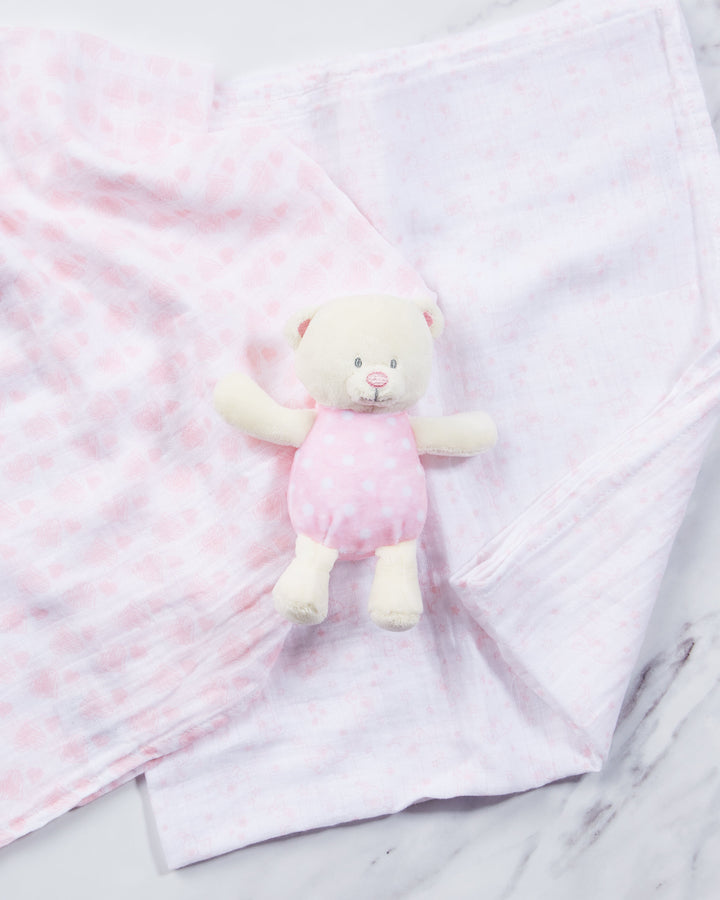 Baby Girl Gift Hamper Collection that includes cute baby pink muslins and comforters. 