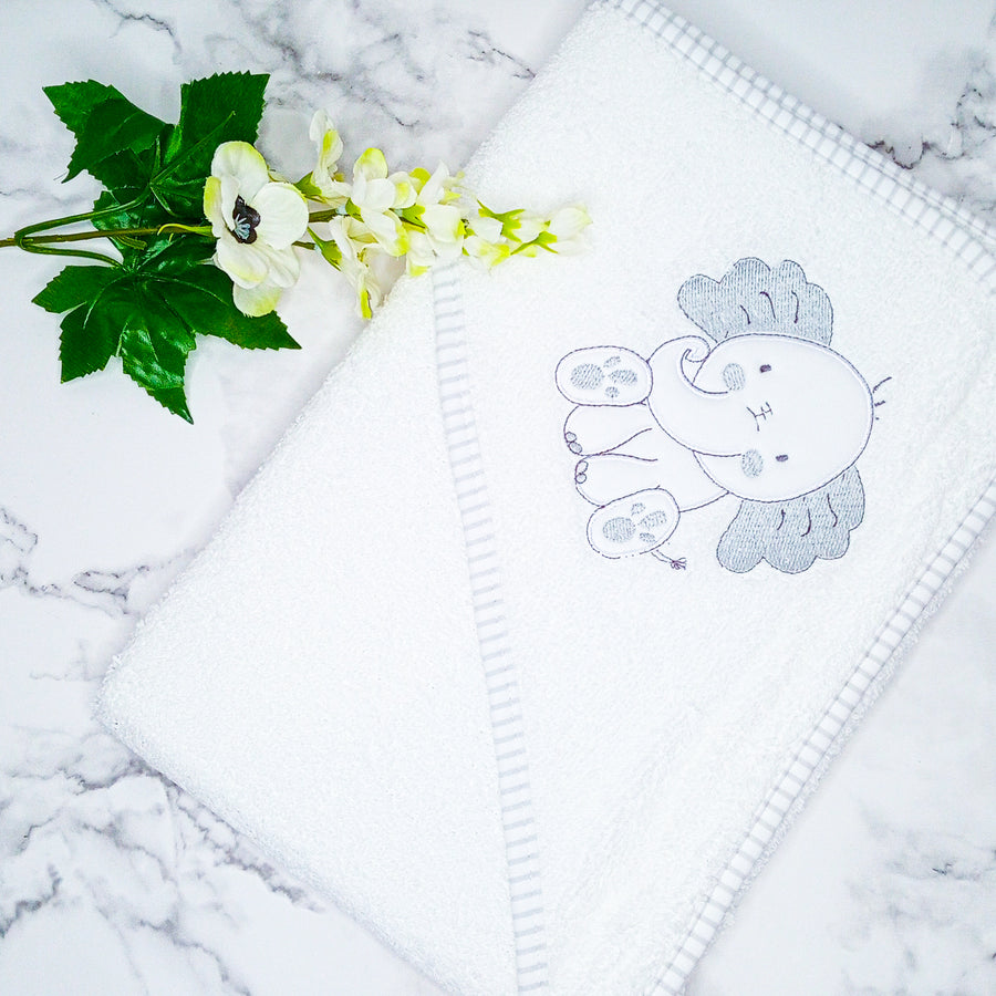 Neutral Baby Hooded Bath Towel with Silver Elephant Design and Soft Cotton