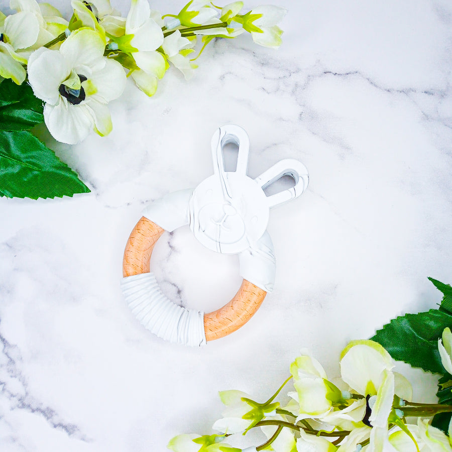 Silicone Beech Wood Ring Marble Bunny Teether