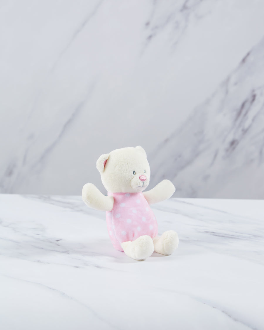 Pink & white polka dot baby teddy bear rattle.