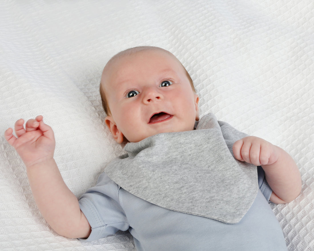 Baby boy dressed in grey vest and bandana bib. 