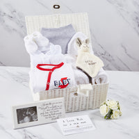 Unisex baby hamper in resin basket, 100% cotton baby clothes, photo frame, wish card & bunny toy. 