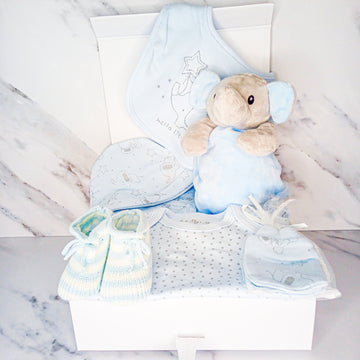 Blue and Grey Baby Boy Hamper Elephant Pattern Gift Set